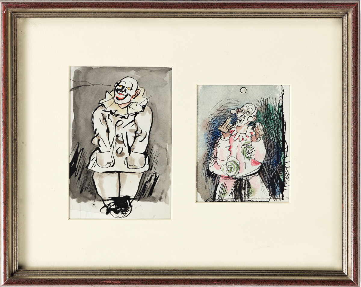 WALT KUHN Two watercolor and ink drawings of clowns.